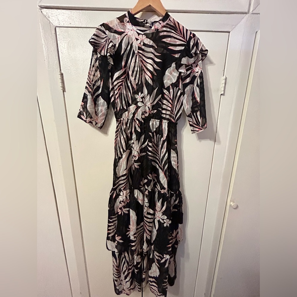 House of Lancry Black Floral Sheer Ruffle Maxi Dress